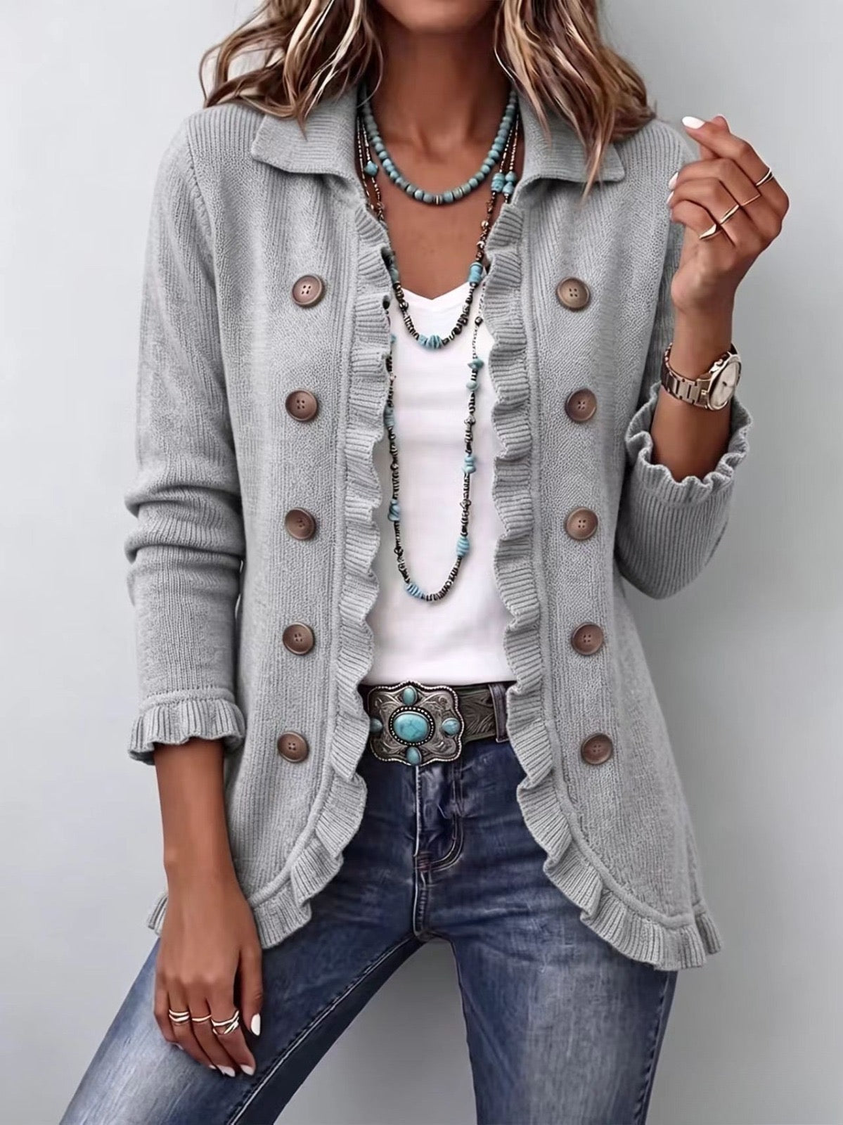Eloísa · Chaqueta de punto gris jaspeado con volantes · Imagen 1