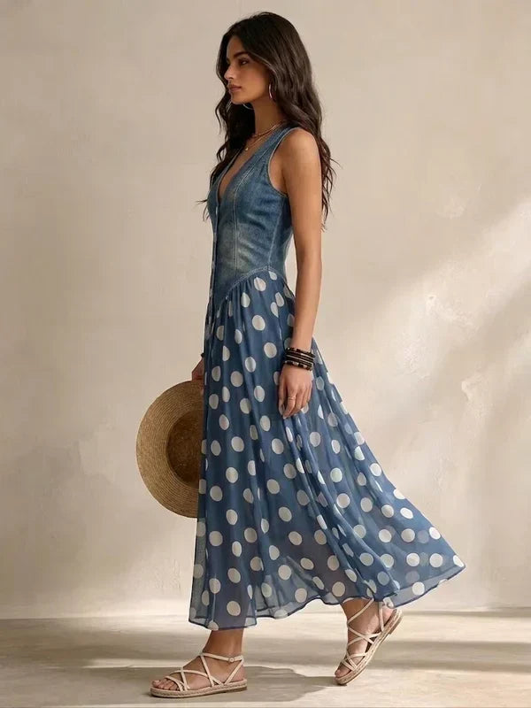 Alba · Vestido efecto denim con falda de lunares · Imagen 3