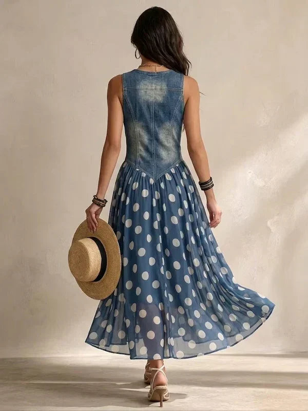 Alba · Vestido efecto denim con falda de lunares · Imagen 4