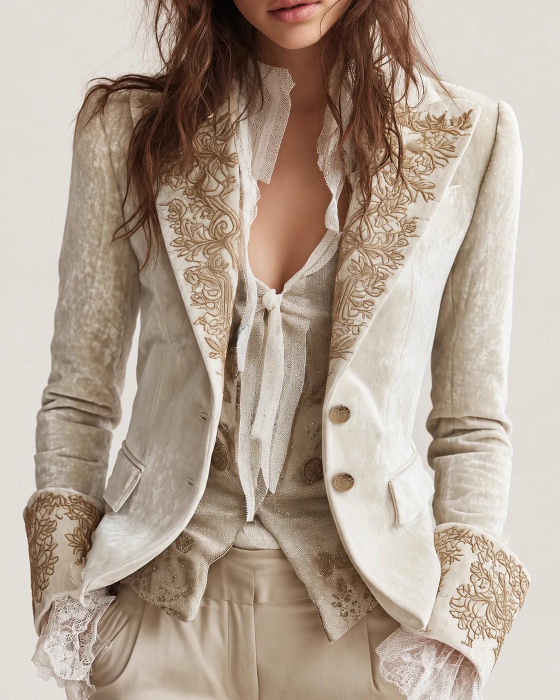 Evelina · Blazer marfil con detalles dorados