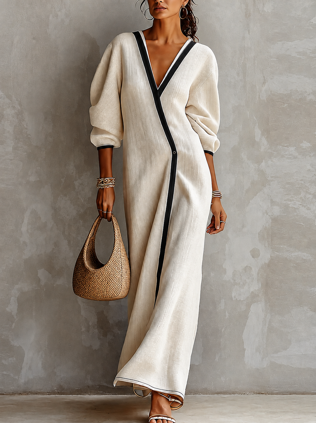 Vestido largo beige con ribetes negros · Imagen 1