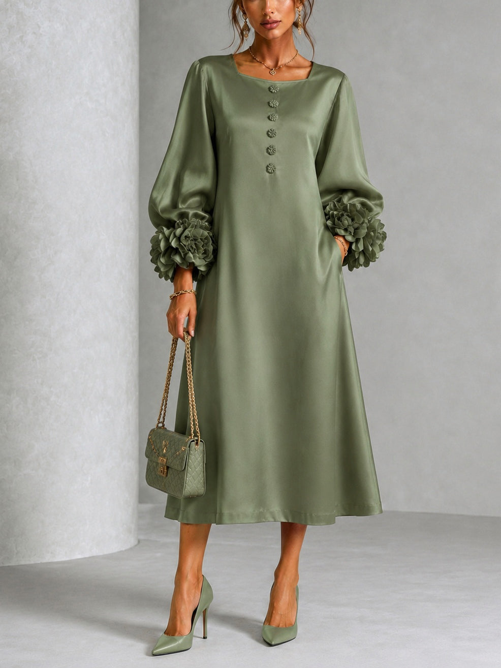 Vestido midi satinado verde salvia · Imagen 1