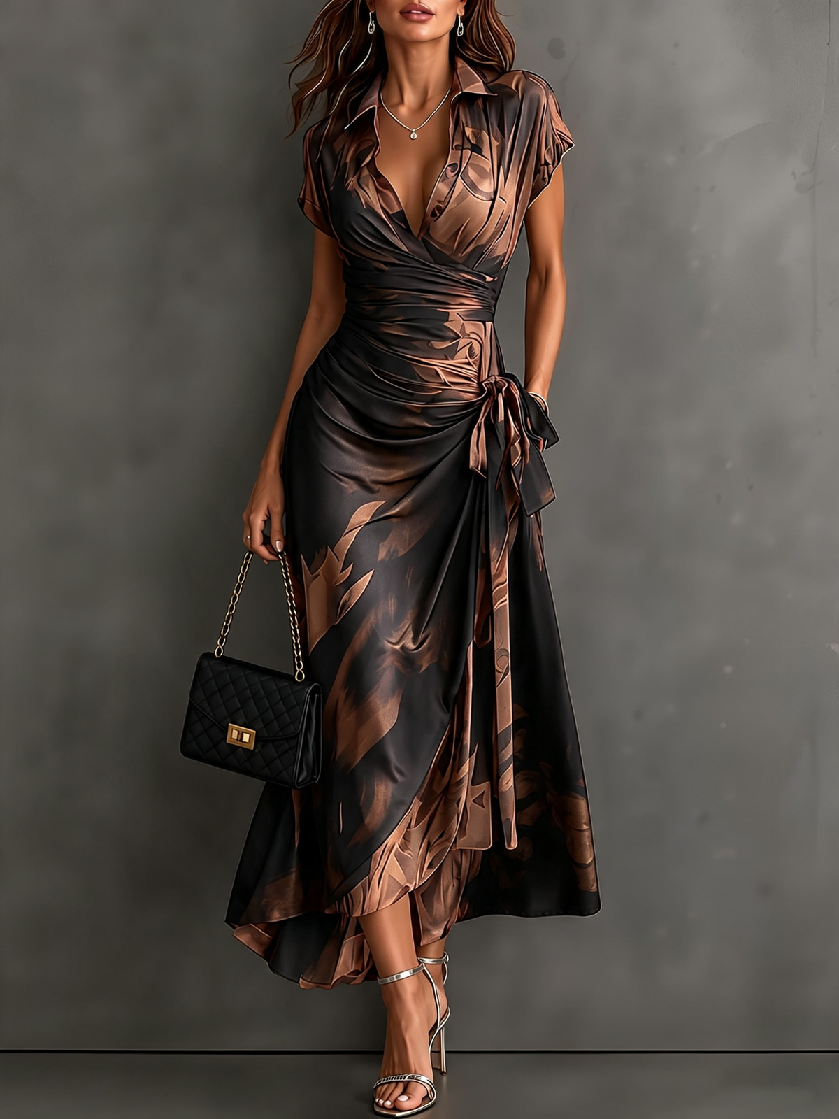 Vestido midi cruzado con estampado marrón · Imagen 1