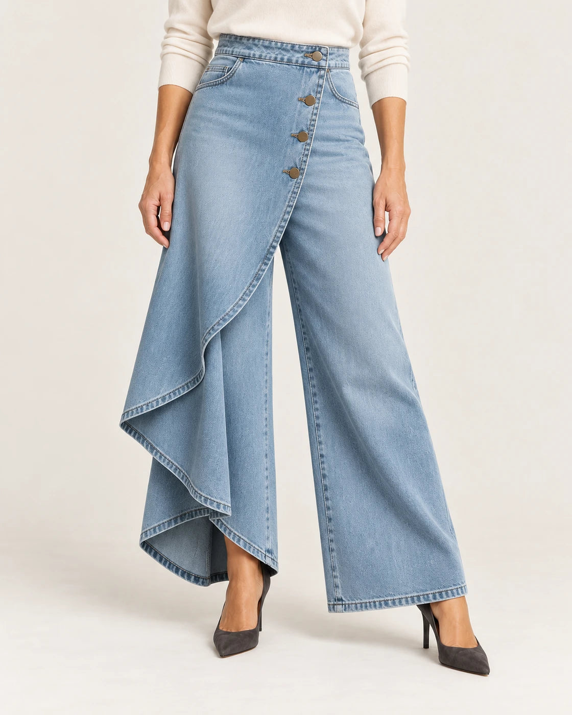 Marcella · Pantalón palazzo vaquero asimétrico · Azul denim claro