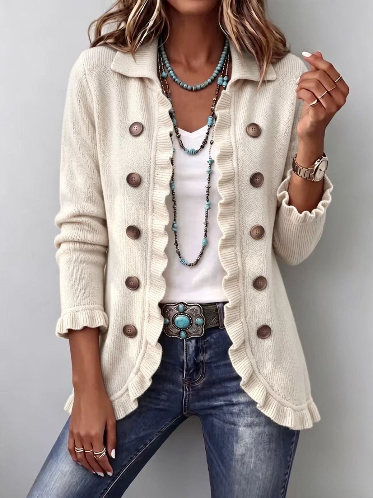 Adelina · Chaqueta de punto marfil con volantes · Imagen 1