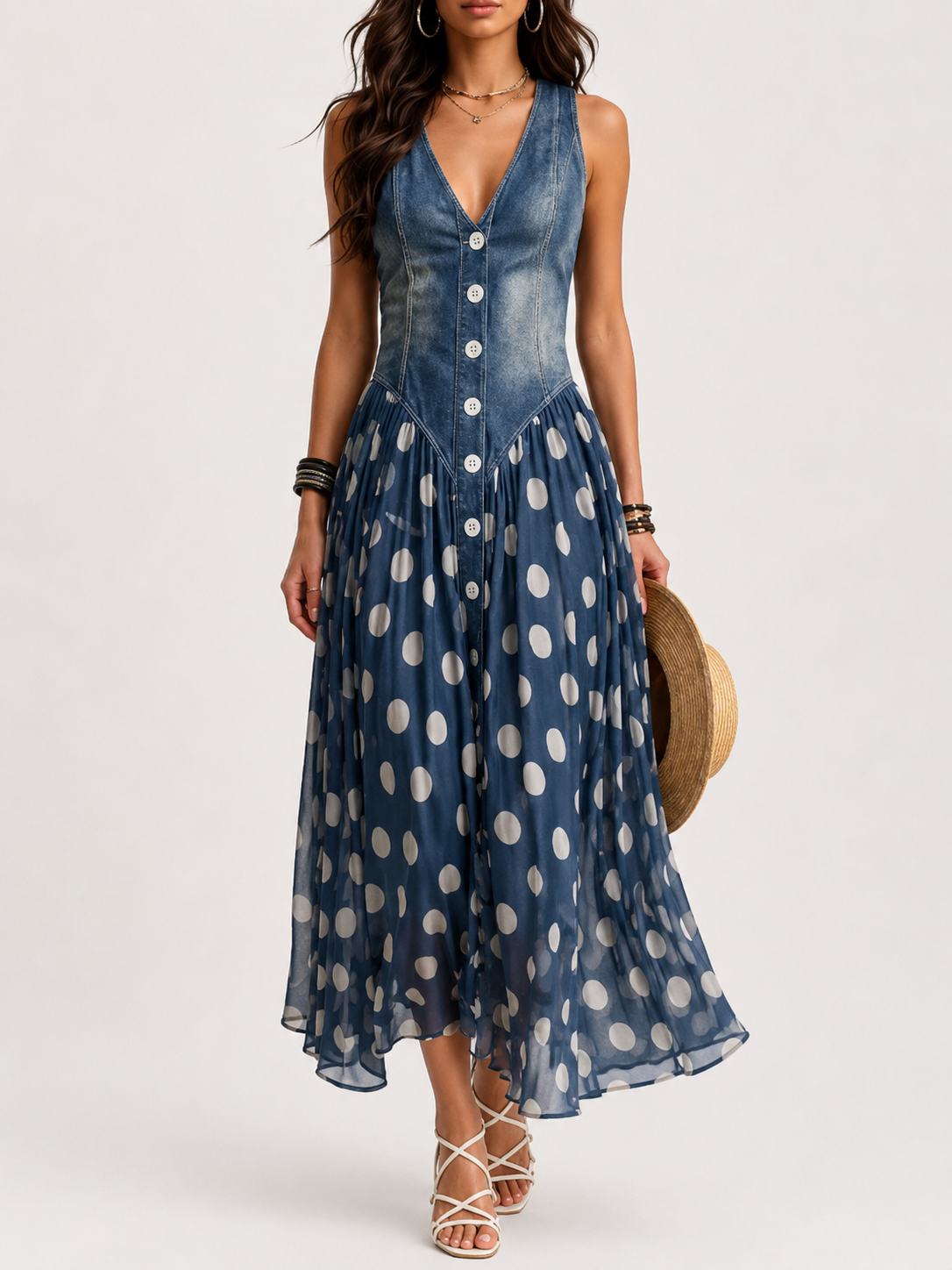 Alba · Vestido efecto denim con falda de lunares · Imagen 1