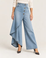 Marcella · Pantalón palazzo vaquero asimétrico · Azul denim claro