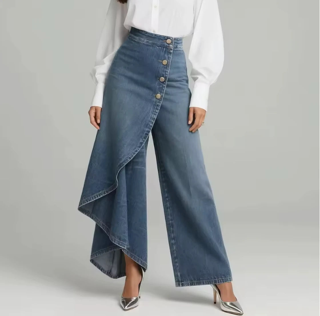 Marcella · Pantalón palazzo vaquero asimétrico · Azul denim
