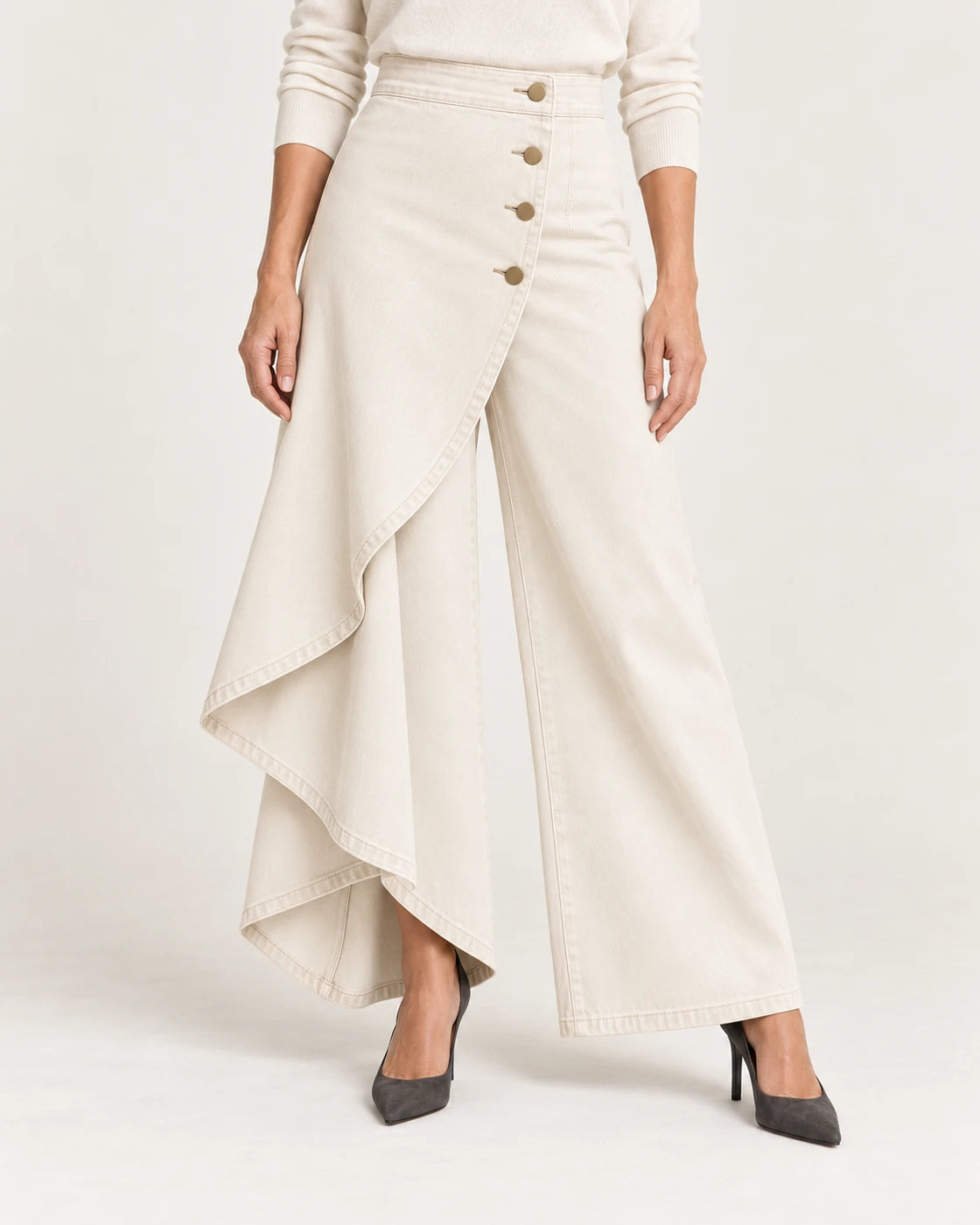 Marcella · Pantalón palazzo vaquero asimétrico · Blanco