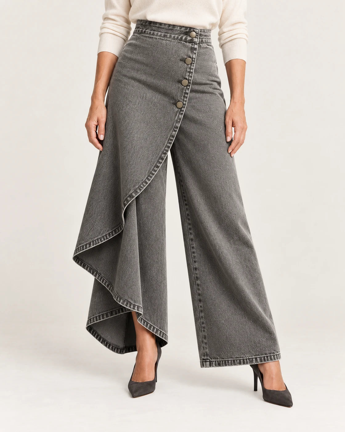 Marcella · Pantalón palazzo vaquero asimétrico · Gris